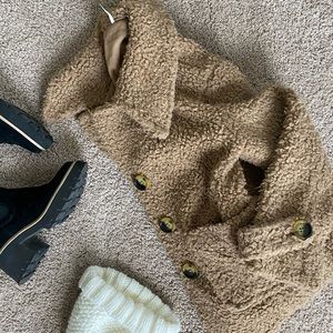 Free People So Soft Cozy Peacoat Teddy Sherpa Coat in Camel/Brown Size XS
